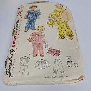 1952 Simplicity Sewing Pattern 4102 Girls Bunny And Bunny PJs Size 1 COMPLETE